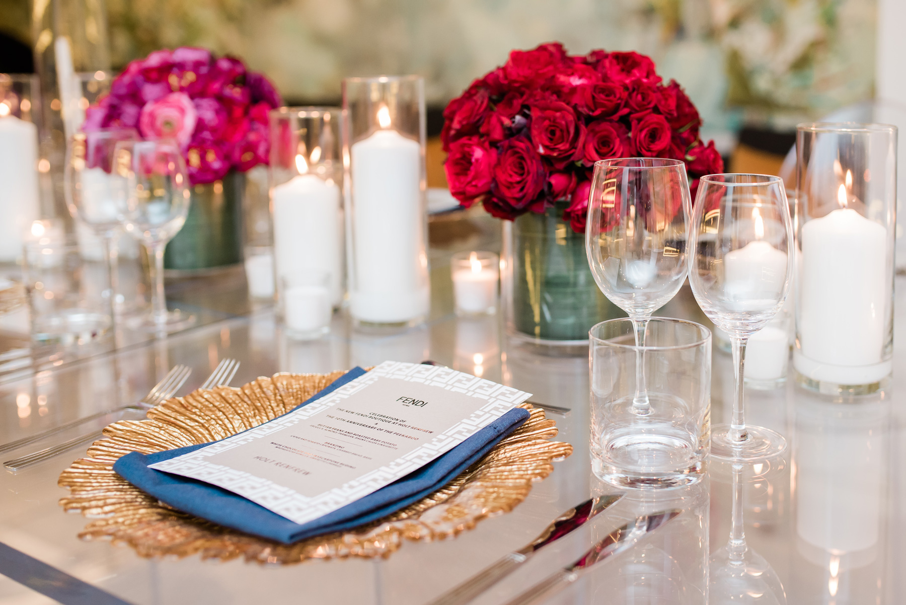 acrylic table top with vibrant monochromatic colors centerpieces