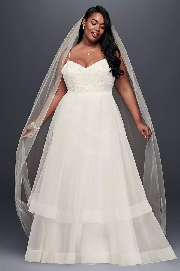 9. 3D Floral Bodice Tulle Plus Size Wedding Dress