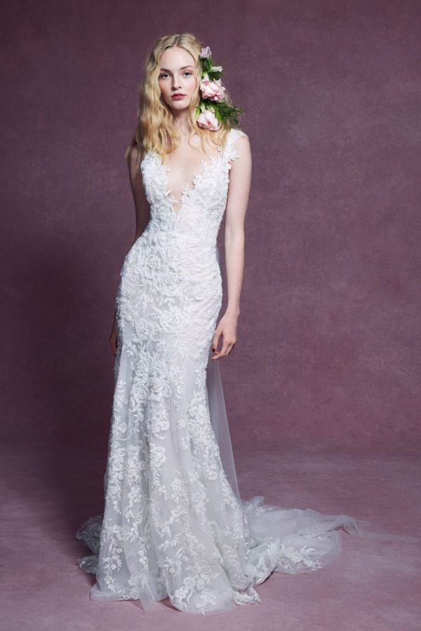 2. Marchesa // CAP SLEEVE V-NECKLINE FLORAL BEADED FIT AND FLARE WEDDING DRESS