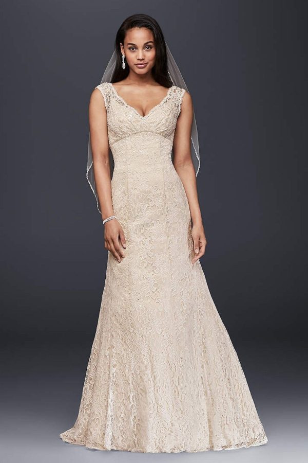 9. Cap Sleeve Lace Over Satin Wedding Dress A-Line Style Bridal Dresses under $800