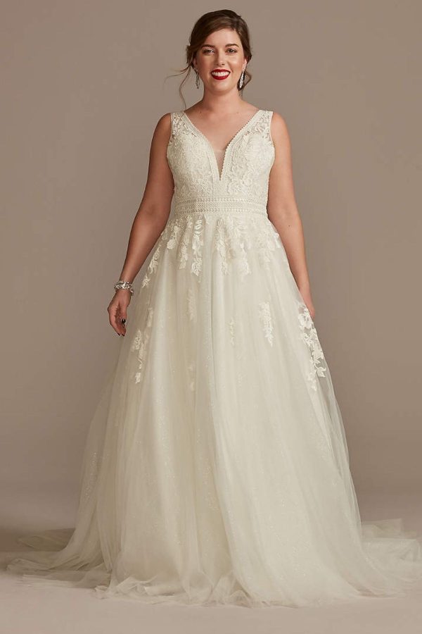 1. Embroidered V-Neck Wedding Dress with Tulle Skirt - Ballgown style bridal dresses under $800: Top 10 from David's Bridal