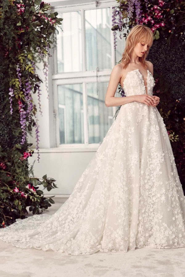 7. Rivini // FLORAL LACE EMBROIDERED STRAPLESS BALL GOWN WEDDING DRESS WITH PLUNGING V-NECKLINE