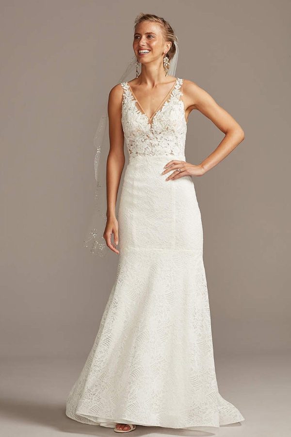 10. Floral Applique Illusion V-Back Wedding Dress - Mermaid Style Bridal Dresses under $800: Top 10 from David's Bridal
