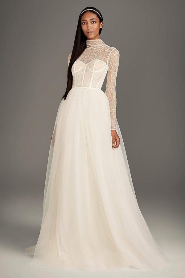 8. High-Neck Lace and Tulle Corset Wedding Dress