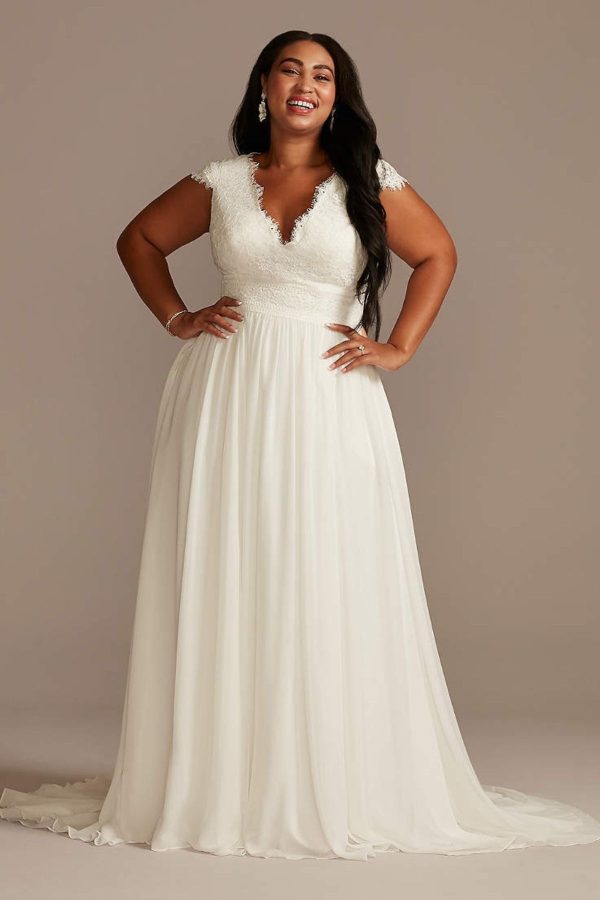 2. Lace Illusion Back Chiffon Plus Size Wedding Dress