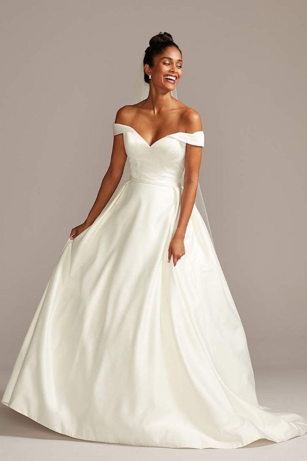 3. Off the Shoulder Satin Ball Gown Wedding Dress - Ballgown style bridal dresses under $800: Top 10 from David's Bridal