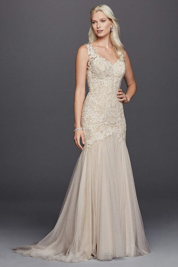 8. Petite Beaded Venice Scalloped Lace Wedding Dress 