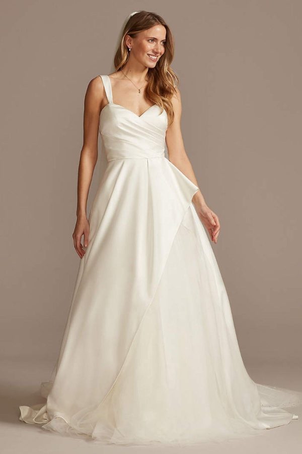 10. Pleated Satin Asymmetric Tulle Hem Wedding Dress A-Line Style Bridal Dresses under $800