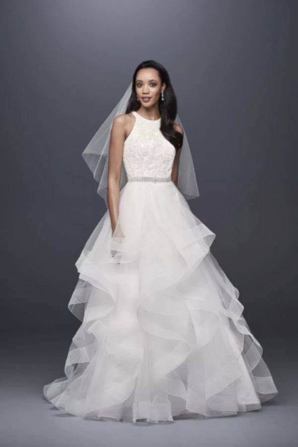 10. Sequin Tulle Petite Ball Gown with Tiered Skirt