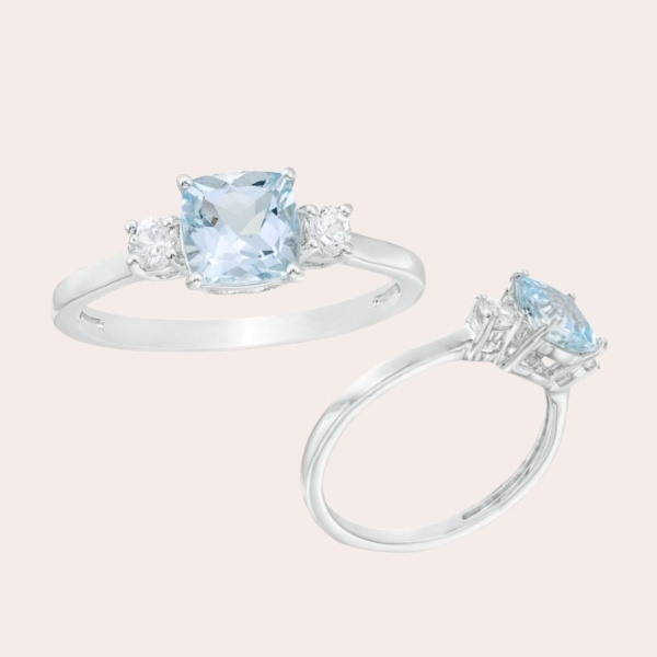 4.-6.0mm-Cushion-Cut-Aquamarine-and-Lab-Created-White-Sapphire-Three-Stone-Ring-in-Sterling-Silver - engagement