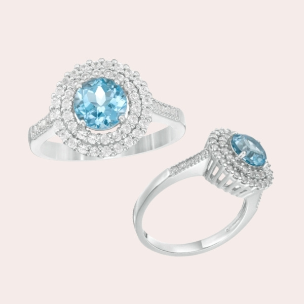 3. 6.5mm Swiss Blue Topaz and Lab-Created White Sapphire Double Frame Ring in Sterling Silver - engagement