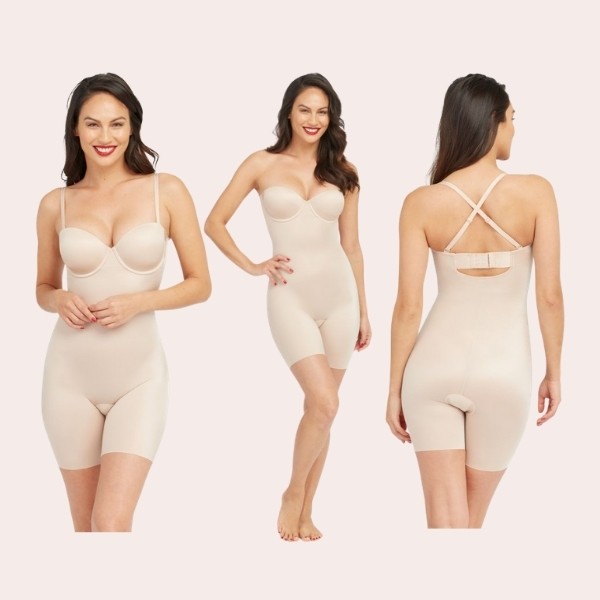 SPANX Suit Your Fancy Strapless Cupped Mid-Thigh Bodysuit ~ Champagne Beige