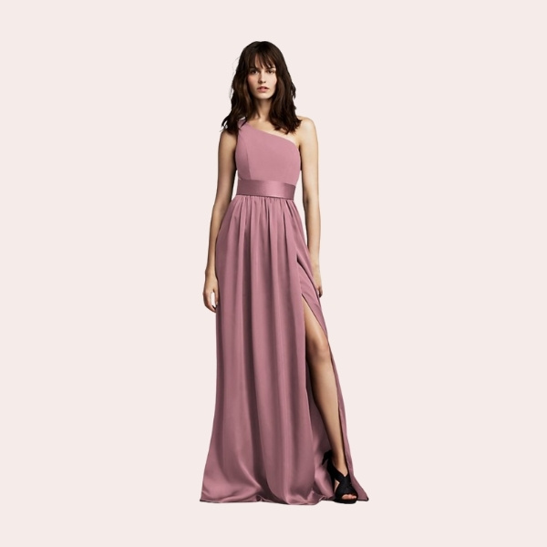 (6) Long Chiffon Dress with Low Crisscross Back | Stunning in its simplicity, this long chiffon dress features luminous touches of satin at the waistline and crisscrossing back straps.