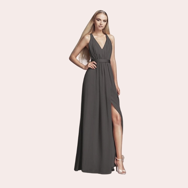 (7) Flounced Crinkle Chiffon Sheath Bridesmaid Dress | In search of a sophisticated bohemian wedding party look? This is the dress. The crinkle chiffon halter sheath is graced with a lovely high neck and a flattering flounce at the bodice.