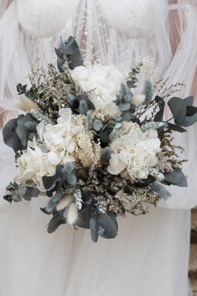 Dried Flower Bouquet Wedding - white and greenery