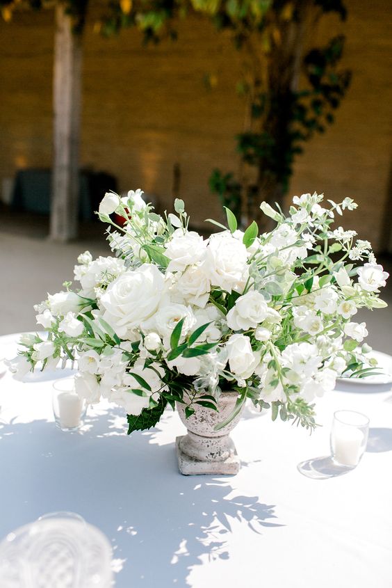 White Wedding Centerpiece Ideas: Classic & Elegant - with some greenery inserts