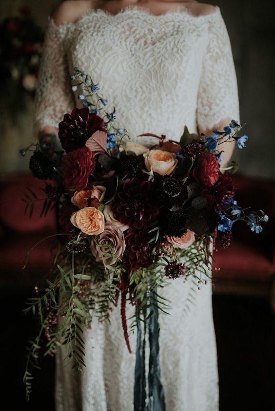 Dark and Moody Wedding Bouquet Ideas - burgundy, peach and hints of blue