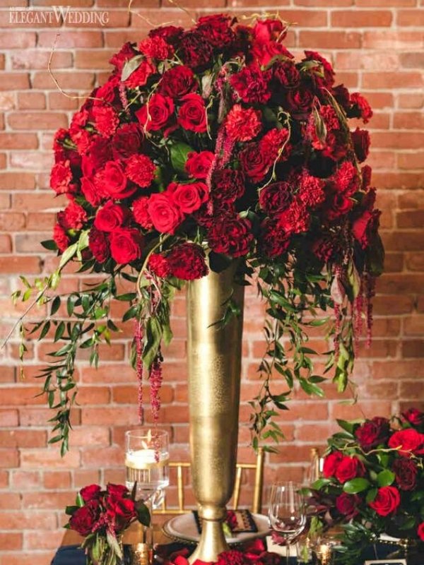 Red and Gold Wedding Inspirations - rose tall centerpiece