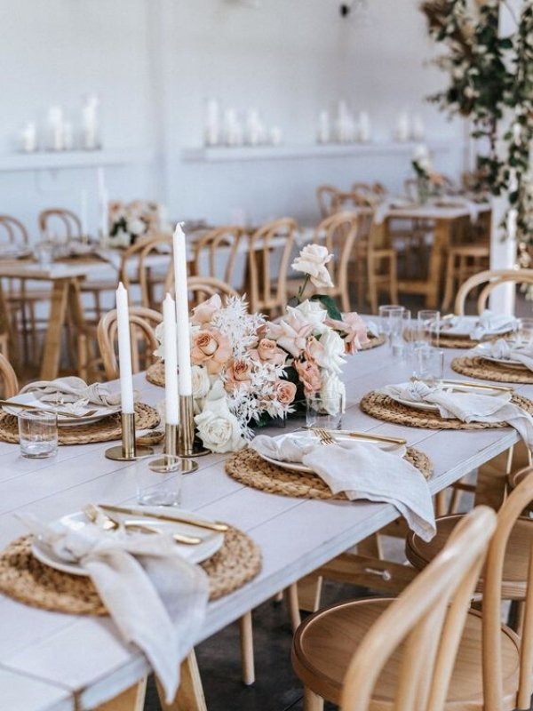 Champagne and Neutral Wedding Inspirations - rattan chargers