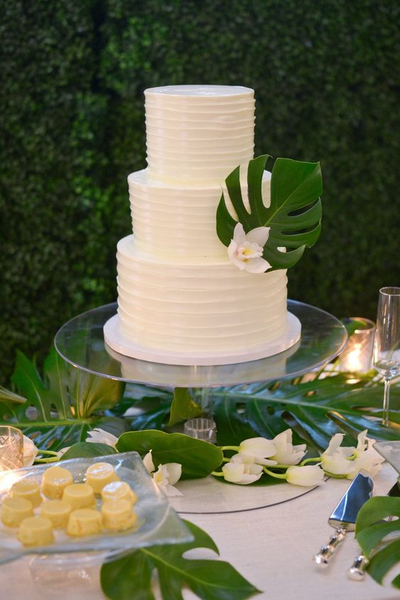 Tropical Wedding Flowers: Inspiration - simple cake greenery