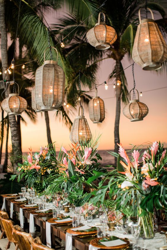 Tropical Wedding Flowers: Inspiration - hanging wooden lights