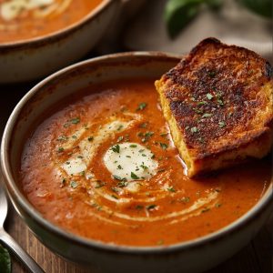 Roasted Tomato Basil Soup with Grilled Cheese